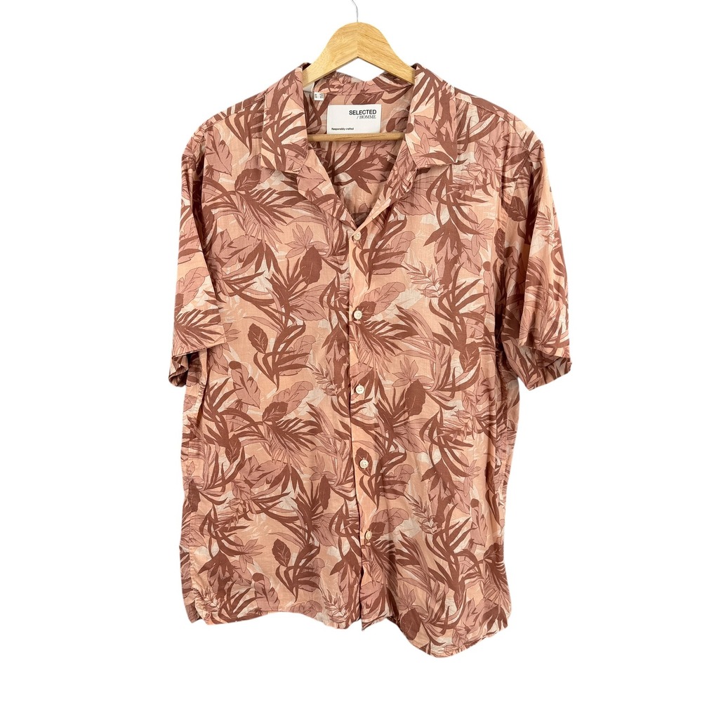 Selected Homme Shirt Pink Floral Tropical Lightweight Button Front Size 16.5